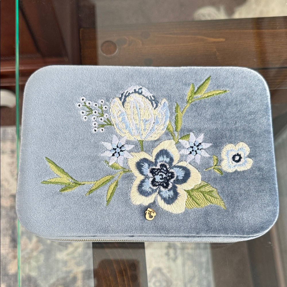 Spartina 449 Blue Velvet Jewelry Box with Floral Embroidery - Picture 1 of 4